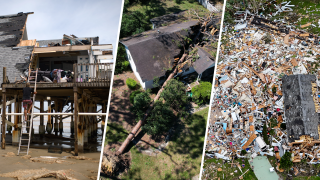 Destruction from hurricanes Beryl, Helene and Milton (L-R).