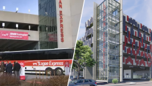 At left, a Logan Express bus enters the parking garage in Framingham, Massachusetts. At right, a rendering of the renovated garage after a major expansion set to finish in 2025.