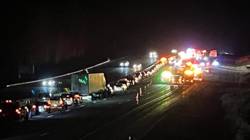 Traffic backed up on the Maine Turnpike in Scarborough Friday, Dec. 27, 2024, after a chain reaction crash.