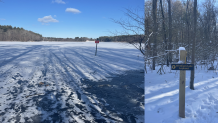 The icy Wenham Lake in Beverly, Massachusetts, on Thursday, Dec. 26, 2024, two days after Owen Kasozi fell in. Her body was found on Christmas. At right is a sign from the trail to the lookout.