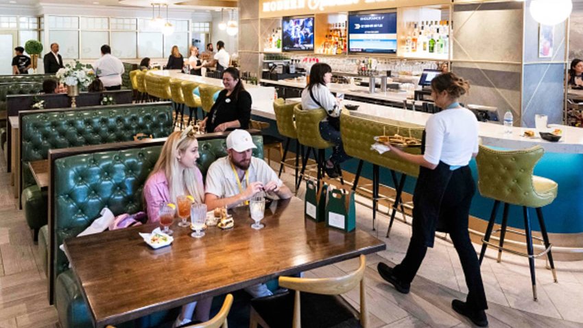 File: Guests eat at Great Maple Restaurant at the Pixar Place Hotel at the Disneyland Resort in Anaheim, CA.