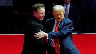 U.S. President-elect Donald Trump greets Tesla CEO and X owner Elon Musk during a rally the day before Trump is scheduled to be inaugurated for a second term, in Washington, U.S., January 19, 2025. 