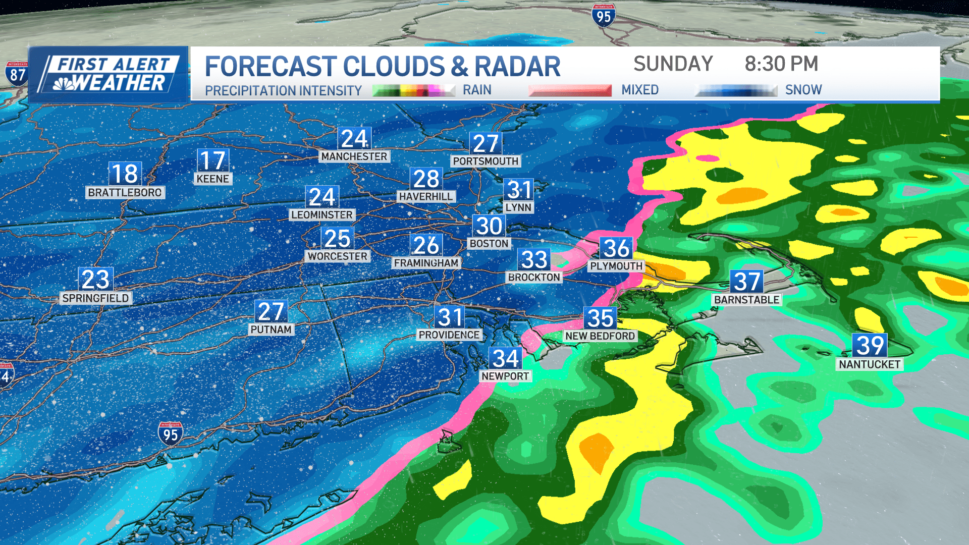 A map showing snow inland and rain at the coast Sunday night, Jan. 19, 2025.