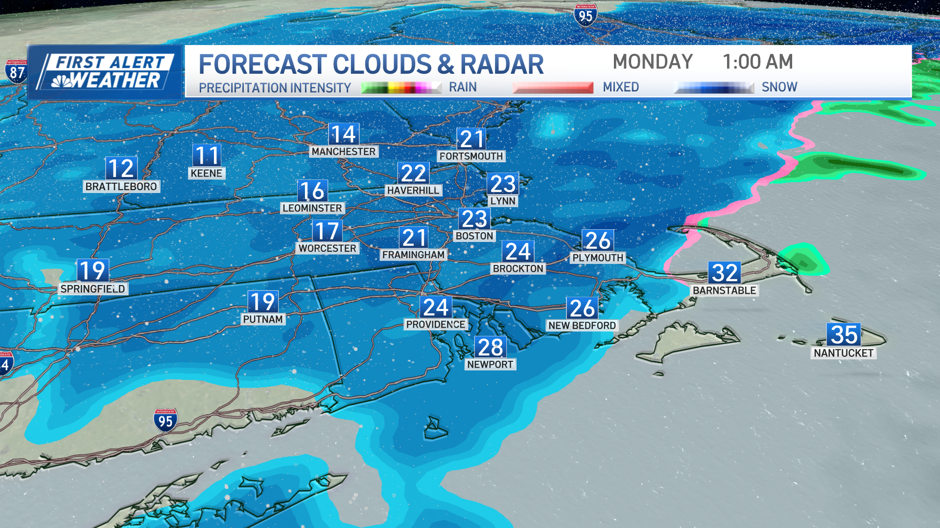 A map showing snow falling across eastern Massachusetts early Monday, Jan. 20, 2025.