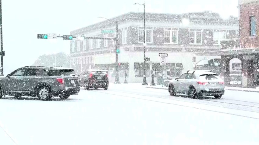 Heavy snow on a street in Denton, Texas.