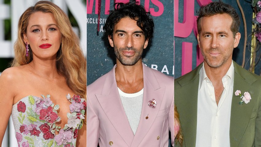 This combination of images shows Blake Lively at the London screening of the film “It ‘Ends With Us” on Aug. 8, 2024, left, and Justin Baldoni, center, and Ryan Reynolds in separate photos at the world premiere of the film in New York on Aug. 6, 2024.