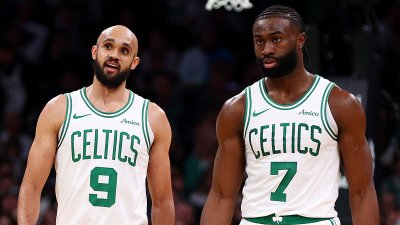 Celtics teammates Derrick White and Jaylen Brown