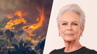 Palisades fire burns near homes in Pacific Palisades neighborhood of Los Angeles (left); Jamie Lee Curtis appears at an event in 2024.