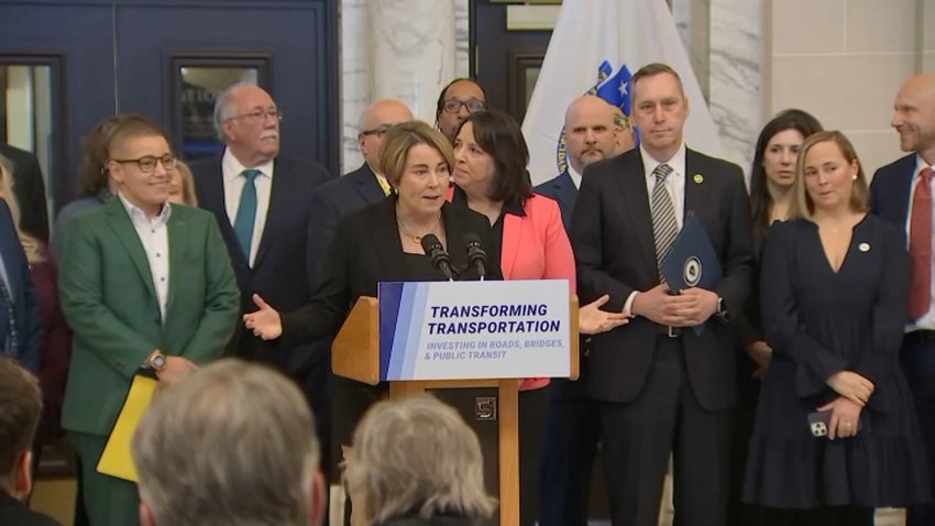 Massachusetts Gov. Maura Healey announces her $8 billion transportation funding proposal at Union Station in Worcester on Jan. 14, 2025.