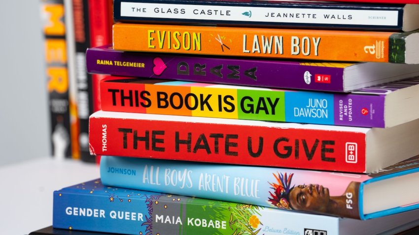 Books include All Boys Aren't Blue, Gender Queer, the Hate U Give, Lawn Boy, This Book is Gay, Anne Frank graphic novel, And Tango Makes Three, The Glass Castle and Drama.