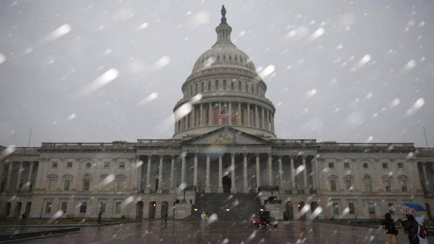 WASHINGTON, DC – JANUARY 19: Snow falls over the US Capitol Building on January 19, 2025 in Washington, DC. U.S. President-elect Donald Trump and Vice President-elect JD Vance will be sworn in on January 20. The inauguration ceremony was will be held inside due to cold weather. (Photo by Kevin Dietsch/Getty Images)