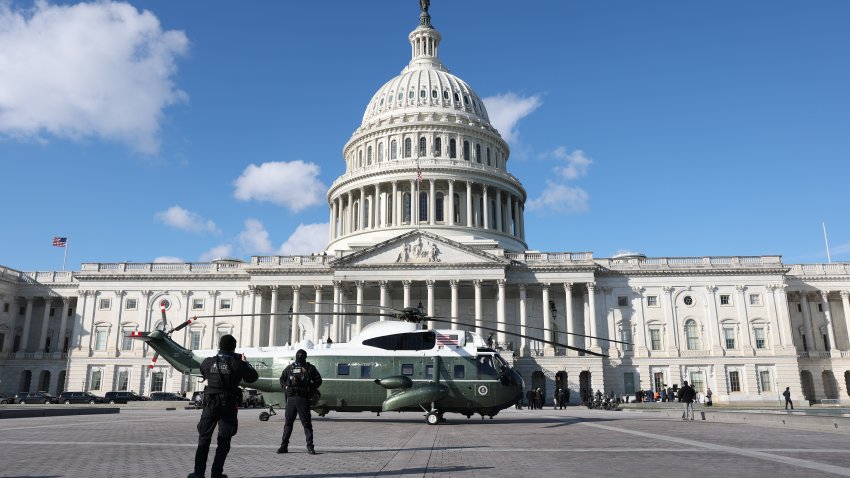 WASHINGTON, DC – JANUARY 20: Marine One sits outside the U.S. Capitol ahead of the inauguration of U.S. President-elect Donald Trump on January 20, 2025 in Washington, DC. Donald Trump takes office for his second term as the 47th president of the United States. (Photo by Joe Raedle/Getty Images)