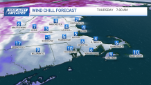 A map of Massachusetts displaying wind chills in various areas. Many are in the single digits or below 0.