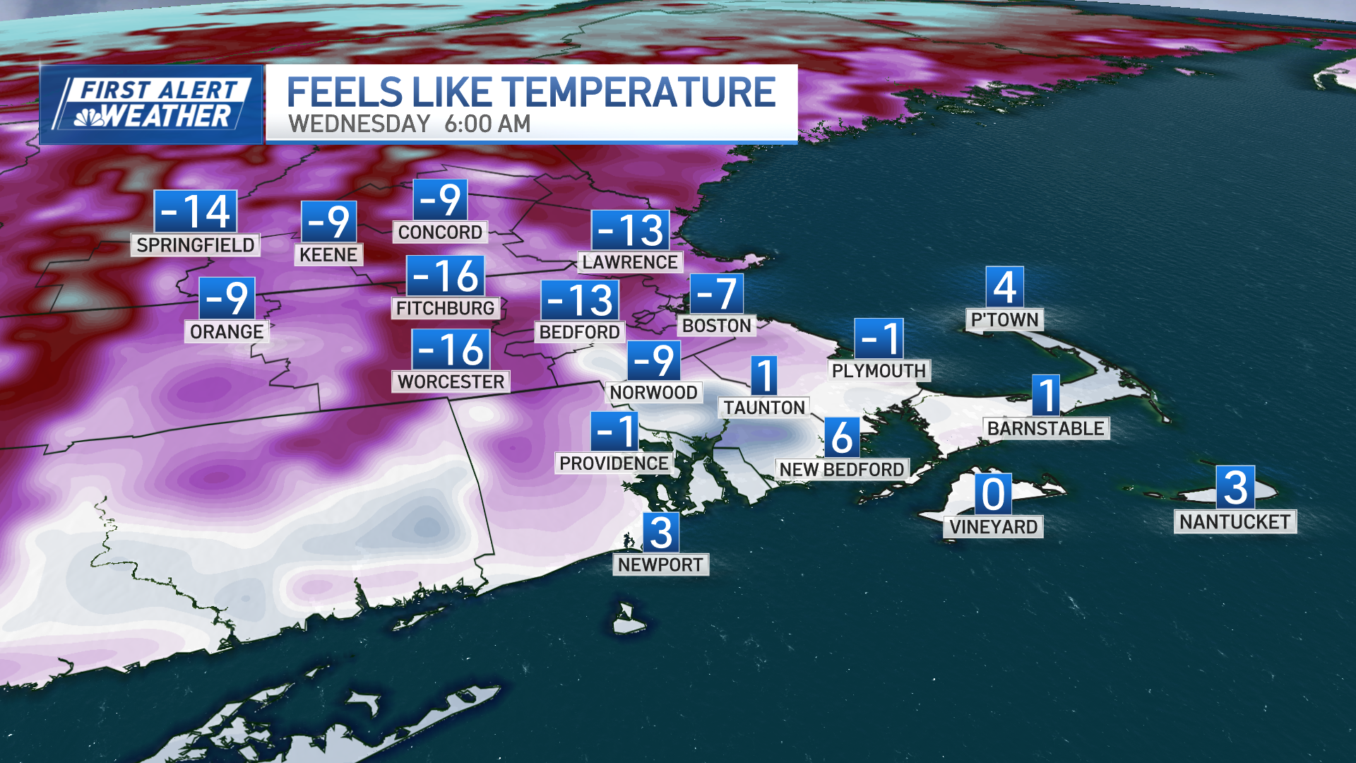 The bitter cold feels-like temperature across southern New England on Wednesday, Jan. 22, 2025.