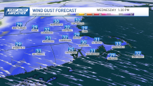 A map of Massachusetts displaying the wind gust forecast. Many are at or above 30 mph.