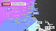 A map showing expected total snowfall in the Greater Boston area, with some areas north and west of the city getting up to 10 inches through Monday, Jan. 20, 2025.