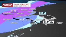The latest expected snowfall totals across the Greater Boston area — the city is forecast for 4-8 inches, while the Merrimack Valley and other parts could get 10 inches.