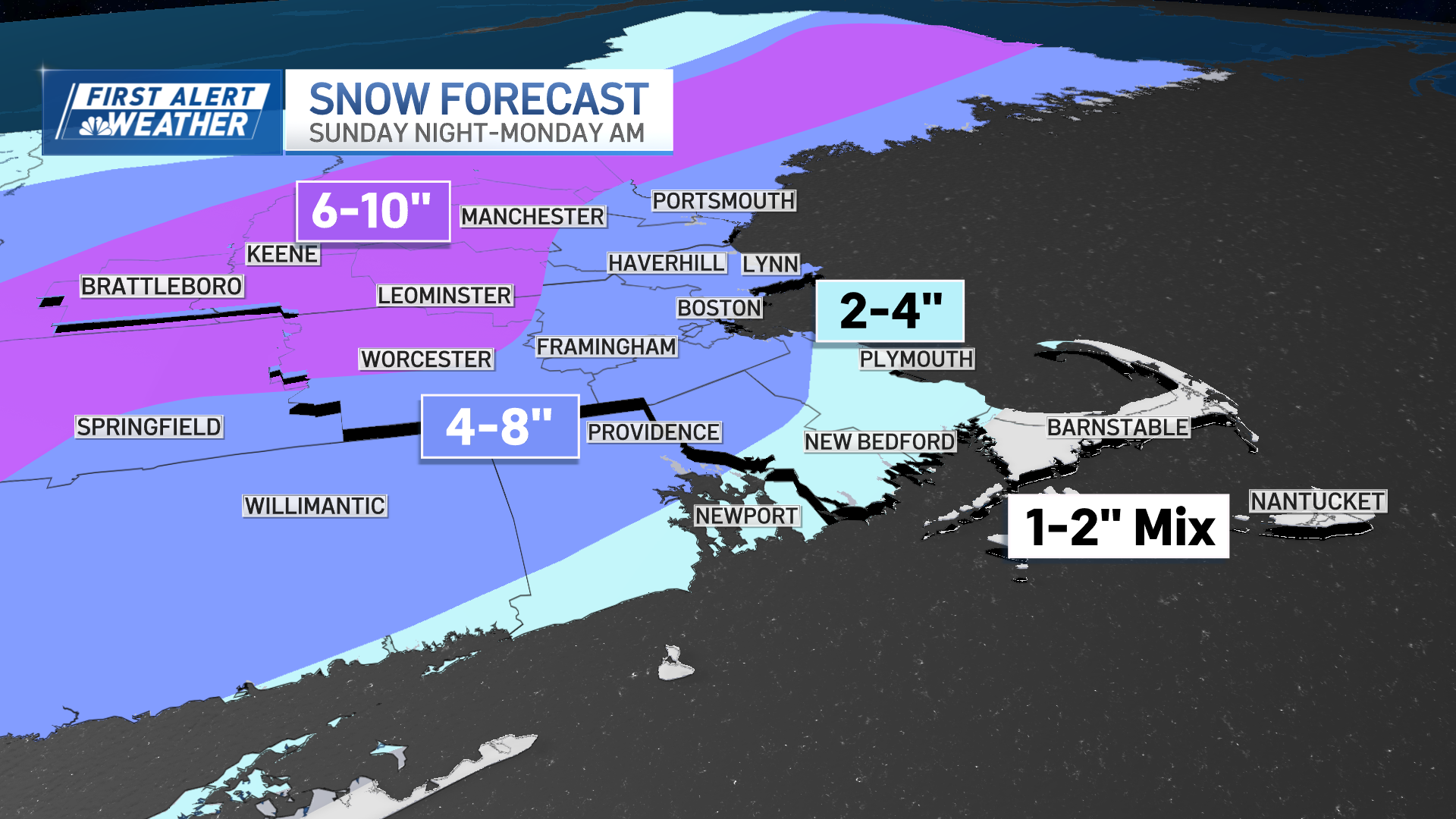 The latest snowfall totals expected from a winter storm arriving in Boston Sunday, Jan. 19, 2025.