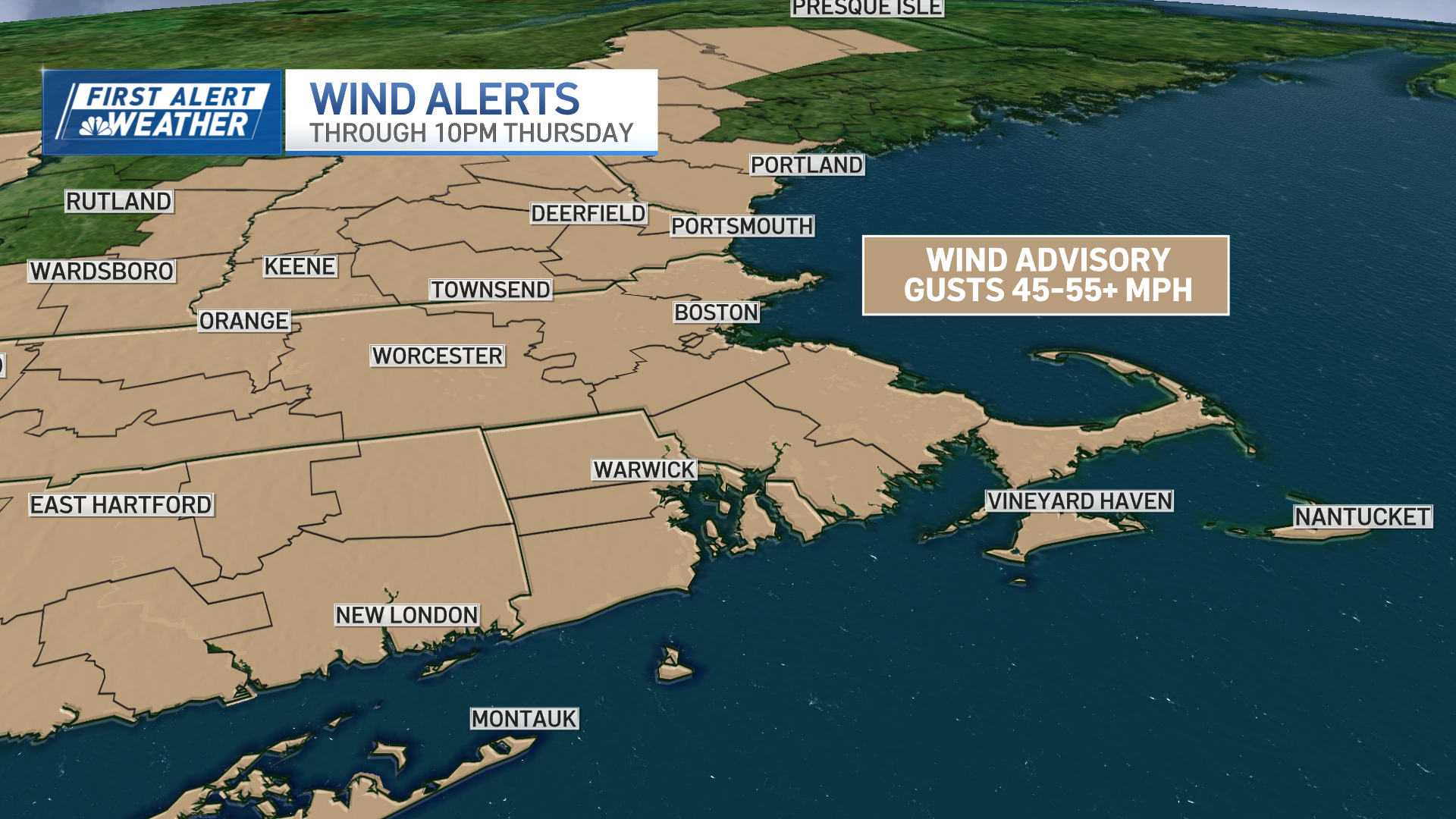 Most of New England is under a wind advisory through 10 p.m. Thursday, Jan. 2, 2025.