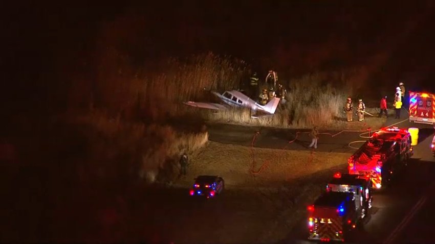 A plane in tall grass off the runway at Massachusetts' Plum Island Airport on Friday, Jan. 10, 2025.