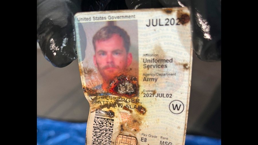 This undated photo provided by the Las Vegas Police Department shows an ID belonging to Matthew Livelsberger, found inside a Tesla Cybertruck involved in an explosion outside the Trump Hotel in Las Vegas.