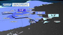 A snow map showing expected snowfall during a winter storm hitting Boston from Sunday-Monday the 19th-20th. January 2025. Much of the region will get 3-6 inches, with a swath from Springfield through Worcester to southern New Hampshire expected to get 5-8 inches.