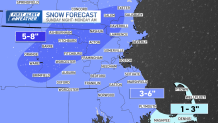 A closer look at the areas expected to receive 5-8 inches of snow on Monday, January 20, 2025 in Massachusetts and New Hampshire.