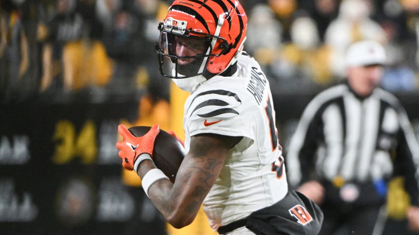 Jan 4, 2025; Pittsburgh, Pennsylvania, USA; Cincinnati Bengals wide receiver Tee Higgins (5) catches a pass against the Pittsburgh Steelers during the first quarter at Acrisure Stadium. Mandatory Credit: Barry Reeger-Imagn Images