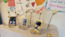 A makeshift memorial to Jinna Han, Jin Han, Spencer Lane, Christine Lane, Vadim Naumov and Evgenia Shisova at the Skating Club of Boston on Thursday, Jan. 30, 2025