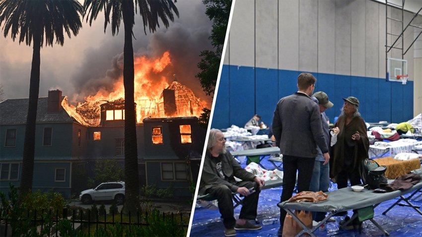 Wildfire burns a California home (left); residents displaced by wildfires gather in a temporary shelter (right)