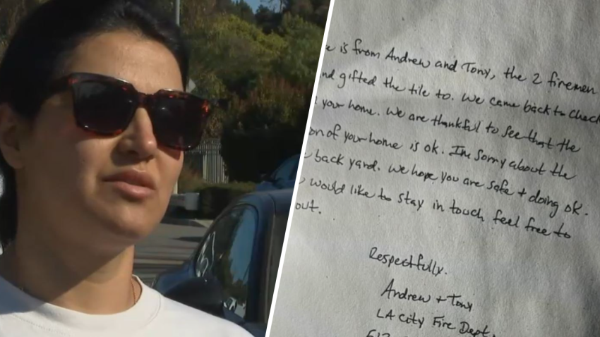 Mahsa Naghash is pictured next to the thank-you note firefighters left at her Pacific Palisades home.