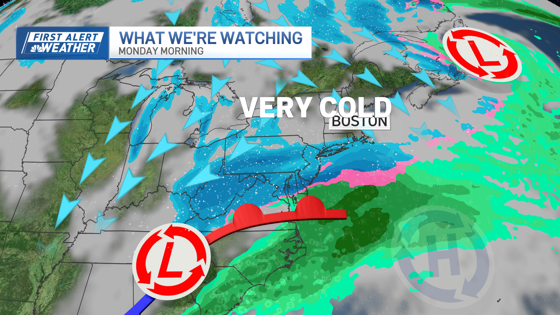 Weather systems that could bring snow to the Boston area on Monday, Jan. 6, 2025.