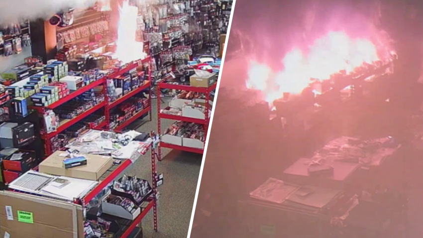 Flames erupting amid lithium-ion batteries at a hobby shop at an Onset, Massachusetts, strip mall on Sunday, Jan. 5, 2025.