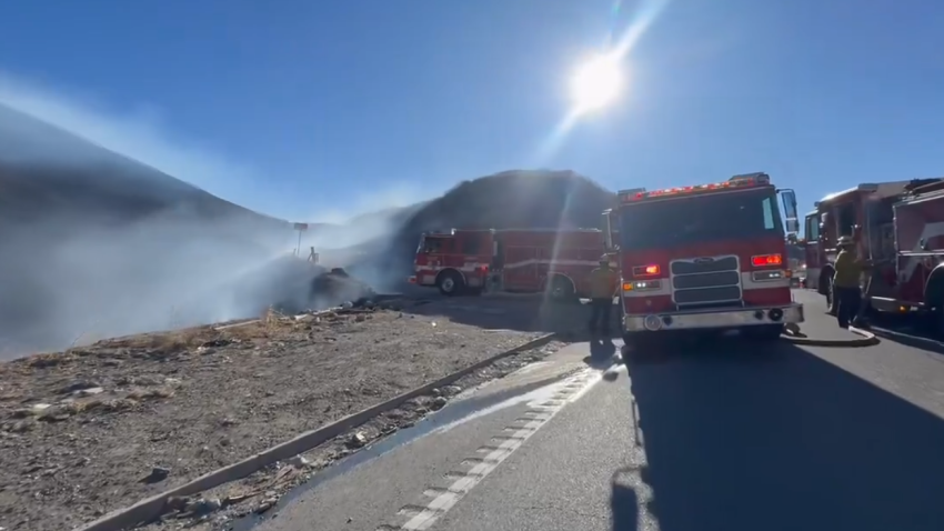 Firefighters at the scene of a vegetation fire in San Bernardino, California, on Wednesday, Jan. 15, 2025.