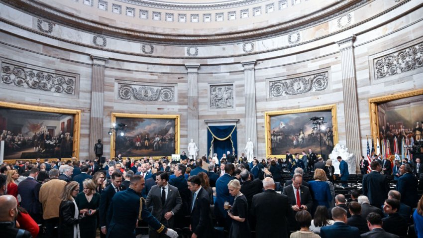 Attendees arrive for the 60th presidential inauguration in the rotunda of the US Capitol in Washington, DC, US, on Monday, Jan. 20, 2025. Donald Trump’s Monday swearing-in marks just the second time in US history that a president lost the office and managed to return to power – a comeback cementing his place within the Republican Party as an enduring, transformational figure rather than a one-term aberration. Photographer: Kenny Holston/The New York Times/Bloomberg via Getty Images