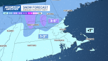 Snowfall totals expected across the Boston area and New England by Thursday, Feb. 13, 2025. Parts of northern New England are expected to get 3-5 inches or more; southern New England (including Boston) less than 1 inch.