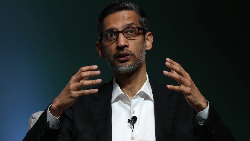 Sundar Pichai, CEO of Alphabet Inc., during Stanford’s 2024 Business, Government, and Society forum in Stanford, California, April 3, 2024.