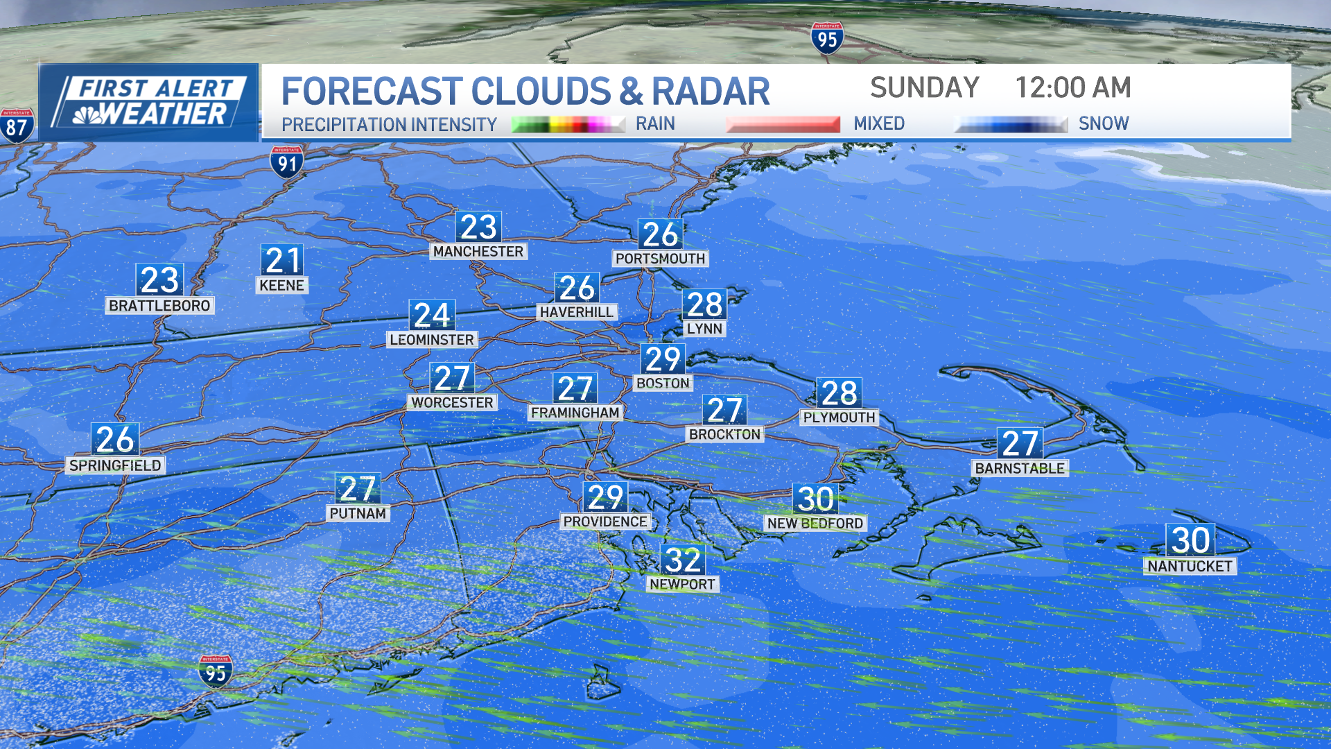 A map showing snow blanketing the Greater Boston area by midnight on the morning of Sunday, Feb. 9, 2025.