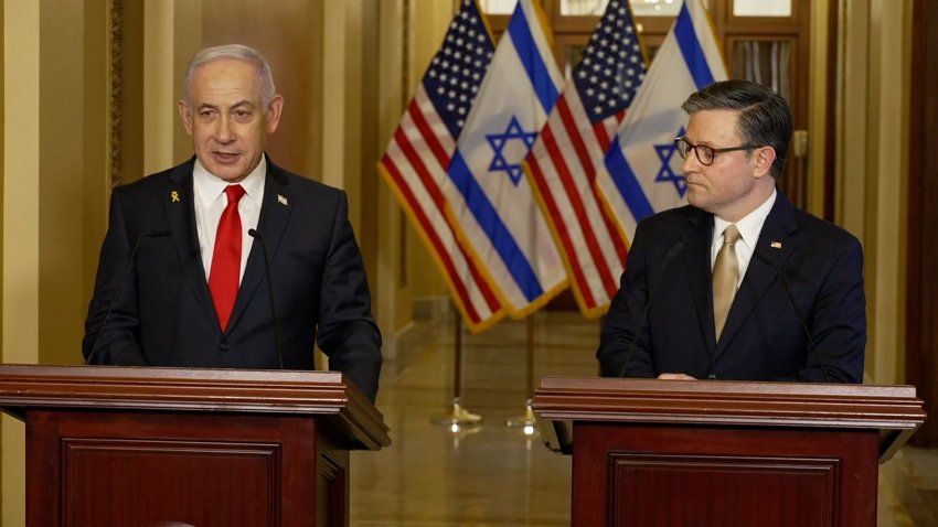 Benjamin Netanyahu and Mike Johnson at podiums