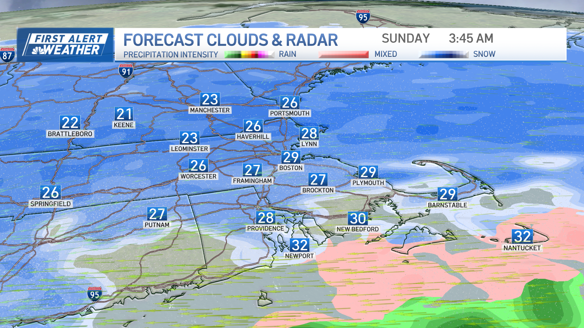 A map showing snow blanketing the Greater Boston area at 3:45 a.m. on the morning of Sunday, Feb. 9, 2025.