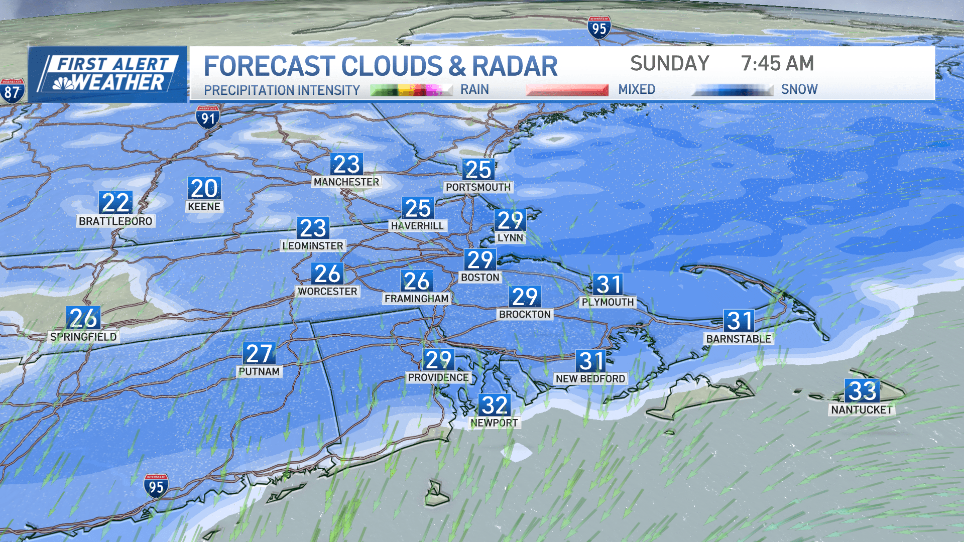 A map showing snow blanketing the Greater Boston area at 7:45 a.m. on the morning of Sunday, Feb. 9, 2025.