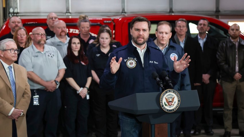 Ohio Gov. Mike DeWine, left, looks on as Vice President JD Vance speaks at the East Palestine Fire Department as he visits East Palestine, Ohio, Monday, Feb. 3, 2025.