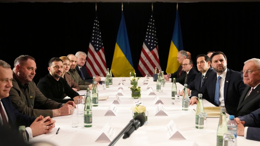 FILE - United States Vice-President JD Vance, second right, and United States Secretary of State Marco Rubio, third right, meet with Ukraine's President Volodymyr Zelenskyy, third left, during a bilateral meeting on the sidelines of the Munich Security Conference in Munich, Germany, Friday, Feb. 14, 2025.