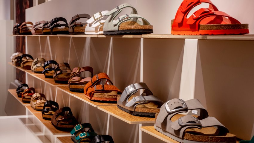 Birkenstock sandals are displayed