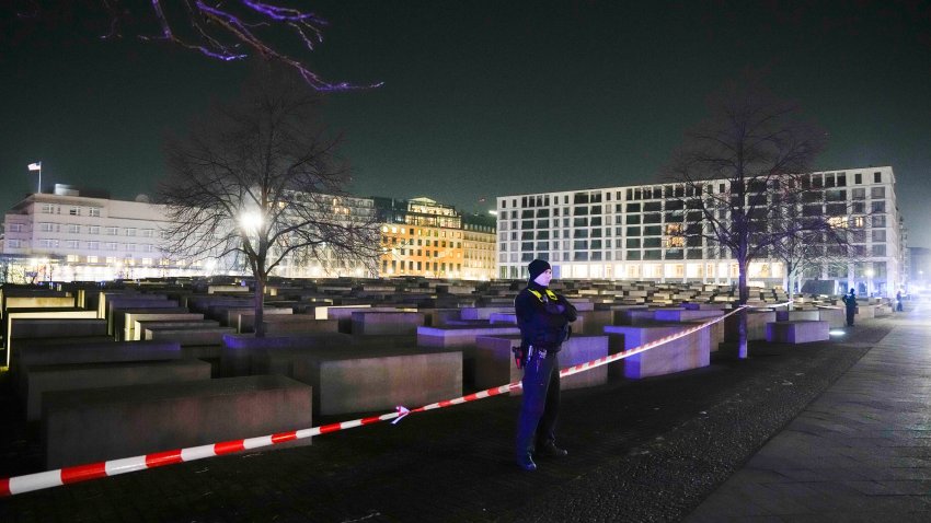 A police officer guards at the cordon at the Holocaust memorial