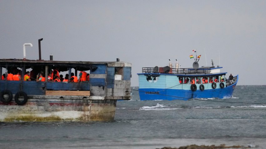 Boats transporting migrants depart from the Caribbean coastal village of Miramar, Panama, for the Colombian border, Thursday, Feb. 27, 2025, as migrants return from southern Mexico after abandoning hopes of reaching the U.S. in a reverse flow triggered by the Trump administration’s immigration crackdown.