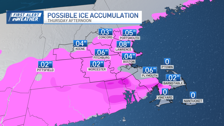 A map showing where ice may accumulate by the afternoon of Thursday, Feb. 13, 2025, after wintry weather moves through southern New England. Almost all of Massachusetts, Connecticut and Rhode Island are included, and much of southern New Hampshire as well.