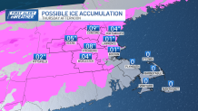 A map showing how much ice could accumulate by Thursday, Feb. 13, 2025, after a storm blows through New England.