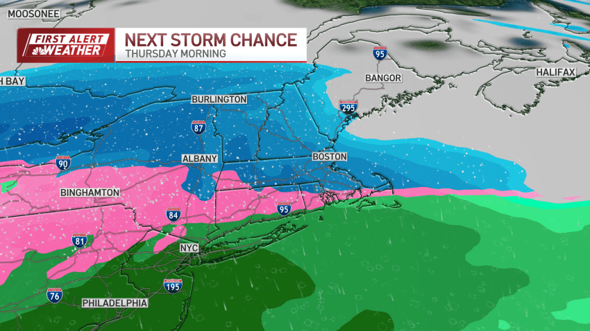 A map showing precipitation types across the Northeast expected Thursday, Feb. 13, 2025. Snow should fall across Greater Boston.