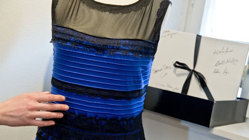 The model of a much discussed striped dress, which has become an internet sensation, is exhibited in the museum 'Turm der Sinne